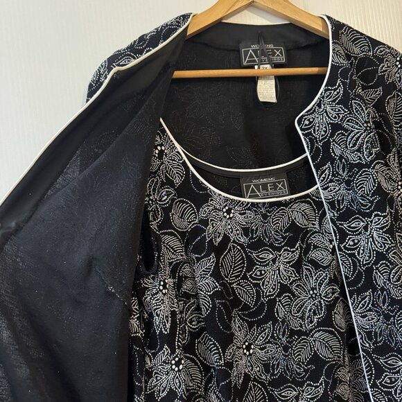 VTG Alex Evenings 2 Piece Set 2X Black White Lignt Blue Floral Sparkle JacketTop - Picture 4 of 16